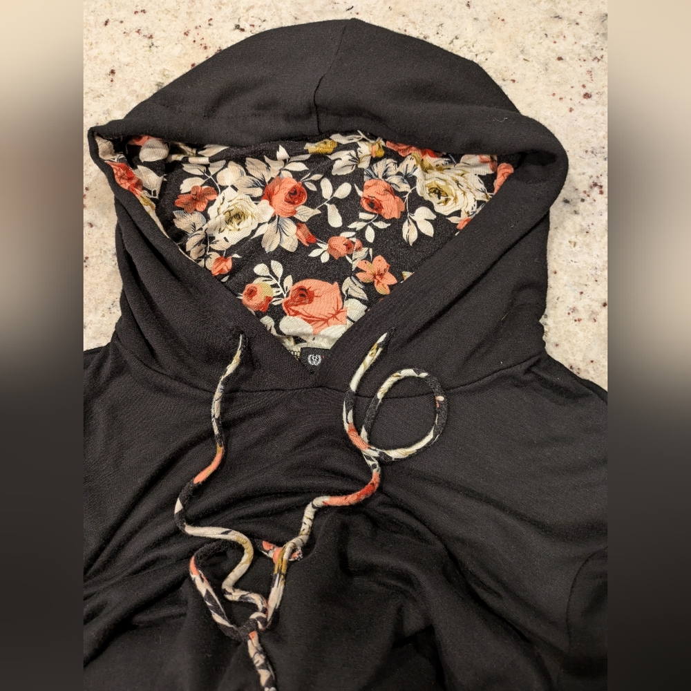 Vision USA Black Cowl Neck Tunic Hoodie Floral Trim Long Sleeve Top Approx L